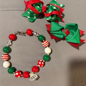 Festive Red and Green Kids Necklace and Bow Set